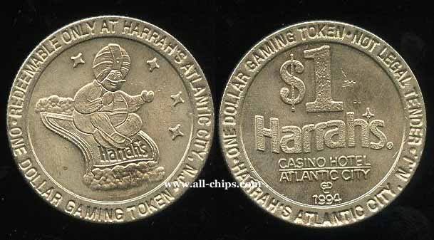 T HAR-1d $1 Harrahs Slot Token Reeded Edge 1994