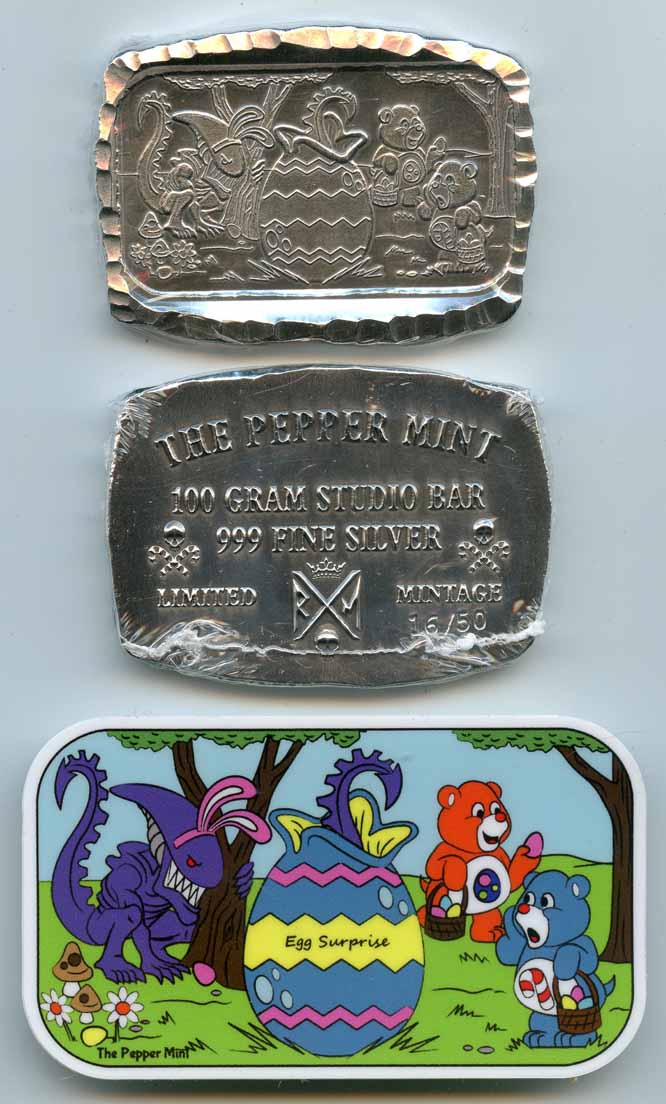 The Pepper Mint Reckless Metals Egg Surprise Easter 100 Gram Studio Bar #17/50 .999 Fine Silver