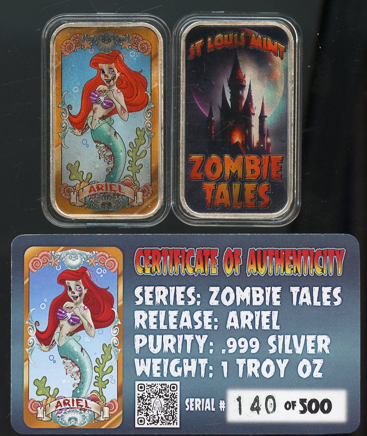 1 OZ STL Zombie Tales Ariel 1st in the Series Double Colorized .999 Fine Silver